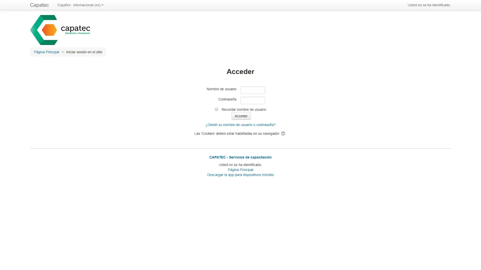 Pantalla principal de Moodle CAPATEC