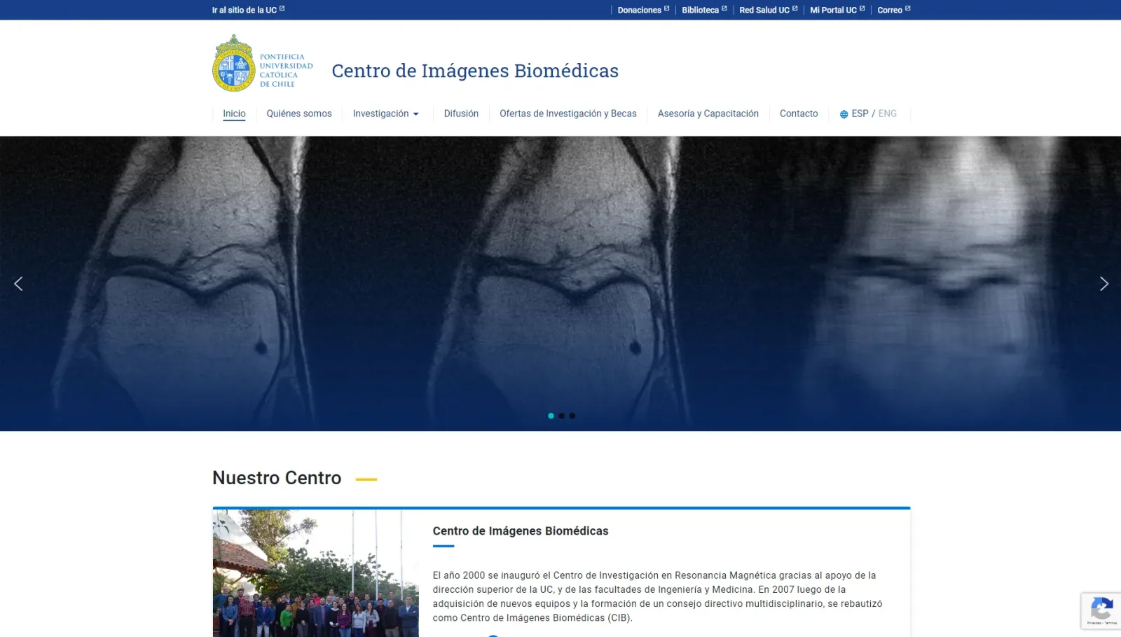 Pantalla principal de Centro de Imágenes Biomédicas UC
