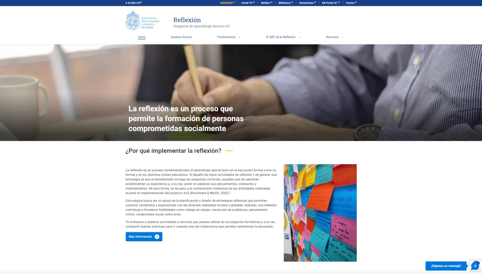 Pantalla principal de Programa de Aprendizaje Servicio UC