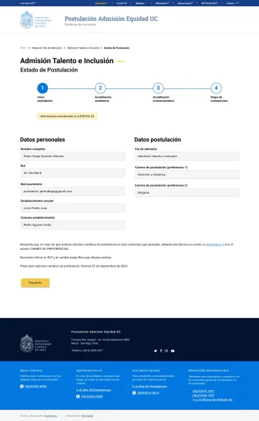 Pantalla 3 de Postulación Admisión Equidad UC