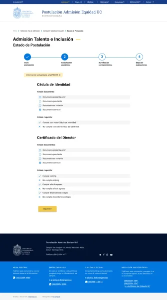 Pantalla 2 de Postulación Admisión Equidad UC