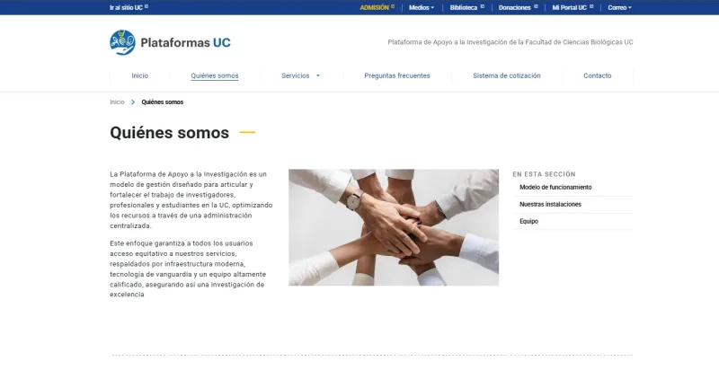 Pantalla 1 de Plataforma de Apoyo a la Investigación de la Facultad de Ciencias Biológicas UC