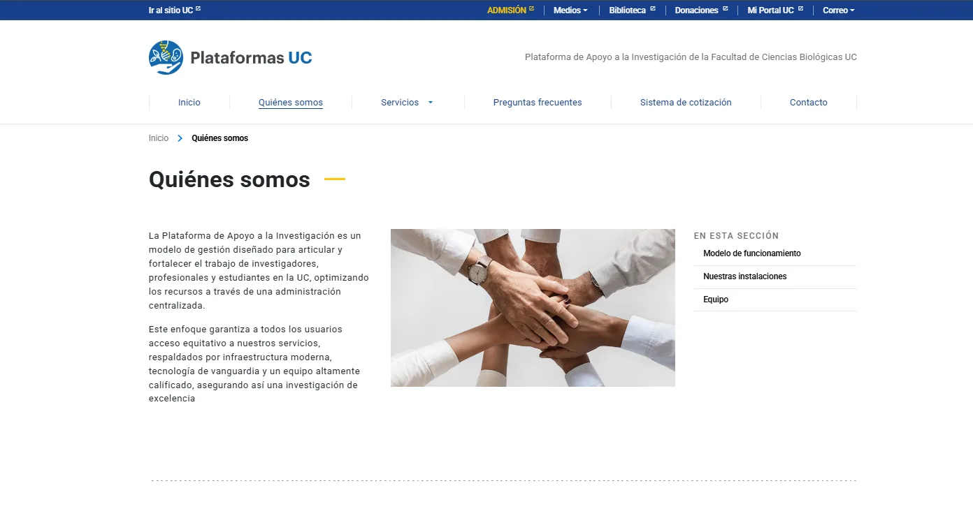 Pantalla principal de Plataforma de Apoyo a la Investigación de la Facultad de Ciencias Biológicas UC
