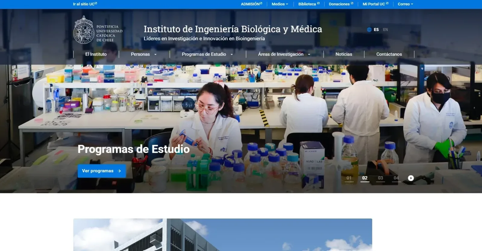 Pantalla principal de Instituto de Ingeniería Biológica y Médica
