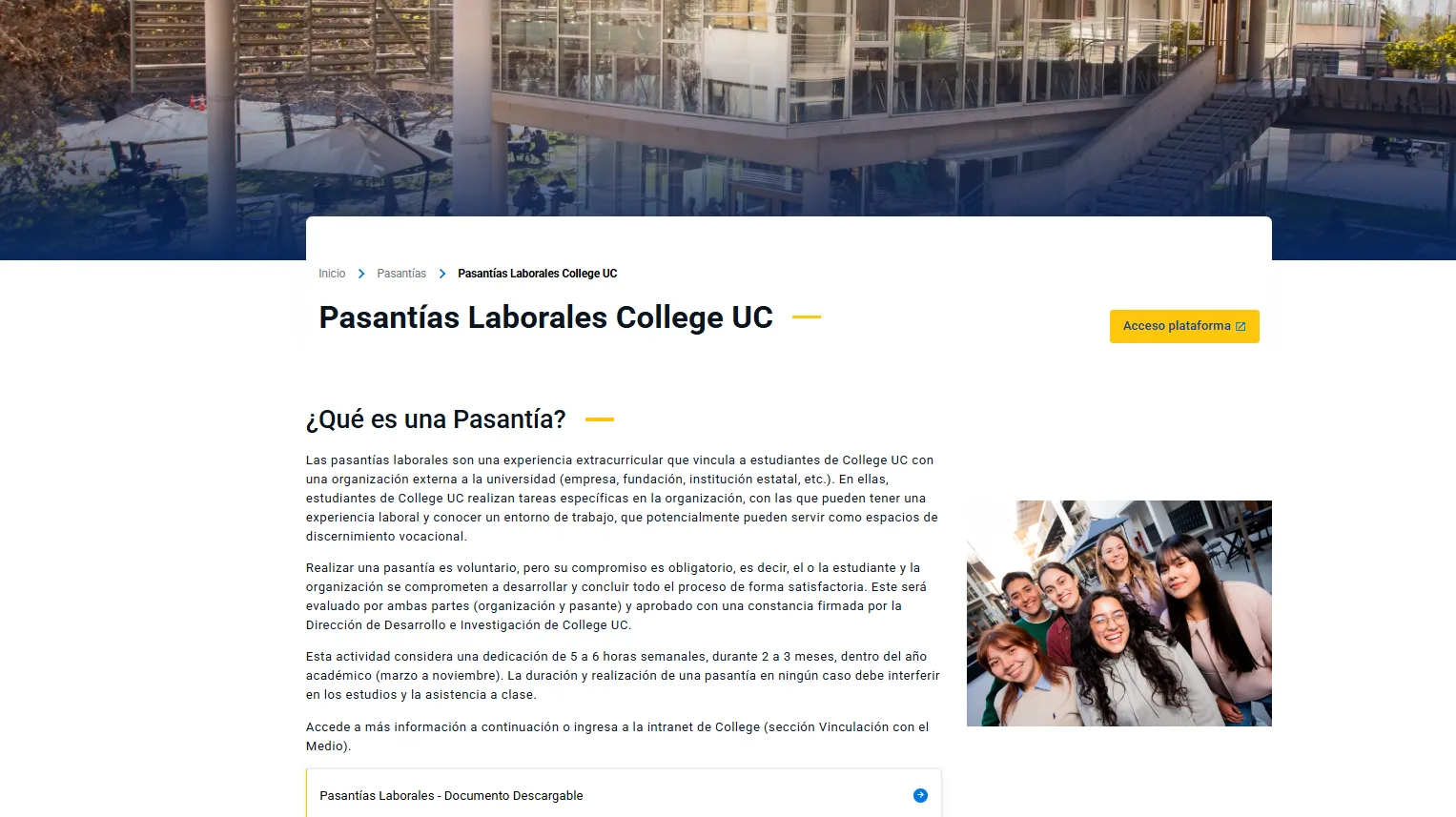 Pantalla principal de Construye tu futuro en College UC