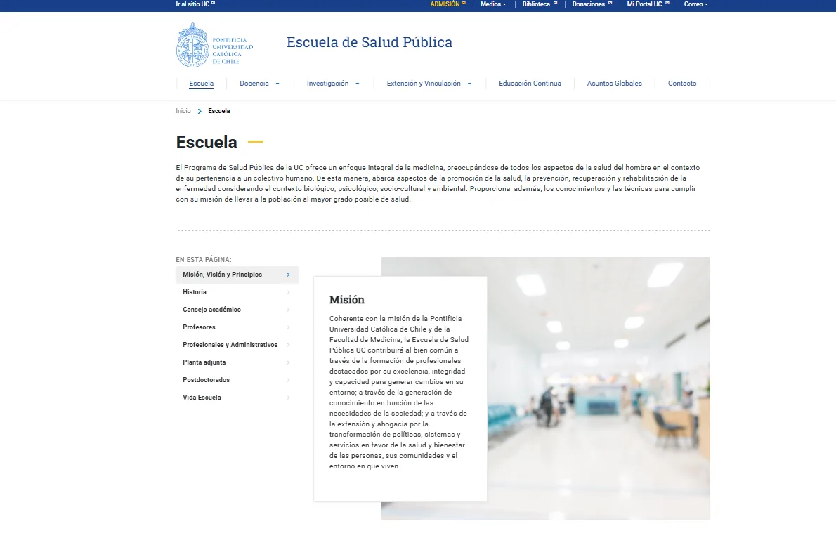 Pantalla principal de Escuela de Salud Pública
