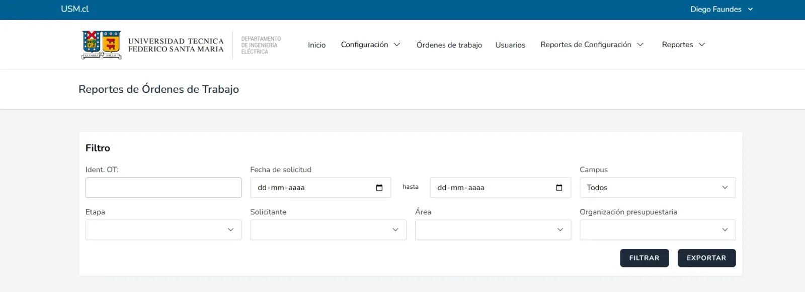 Pantalla principal de SOT: sistema de órdenes de trabajo