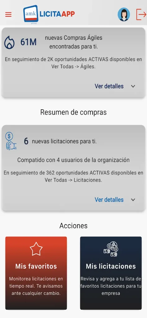 Pantalla 2 de la app Licitaapp: licitaciones del Mercado Público